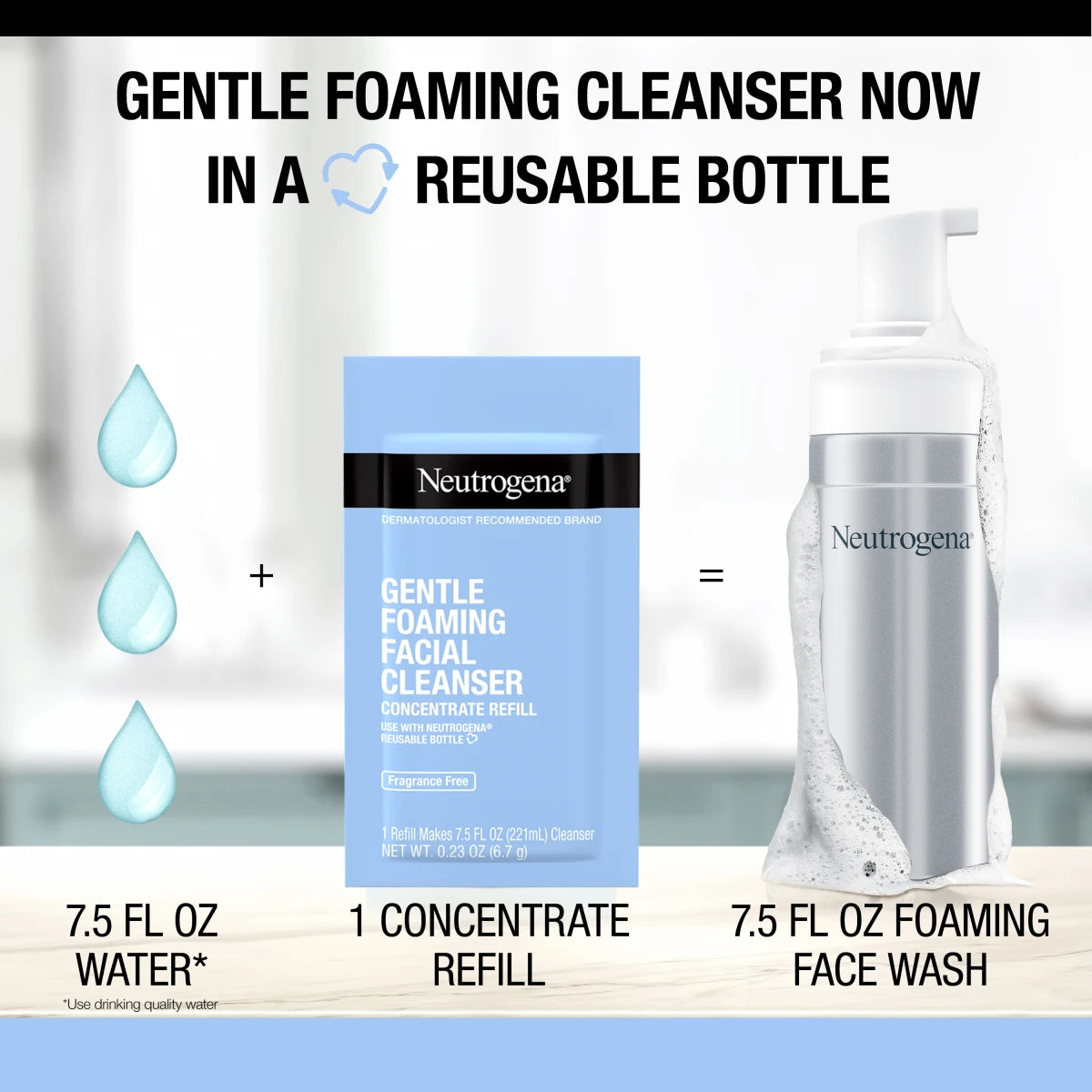 Neutrogena® Reusable Gentle Foaming Facial Cleanser Starter Kit, 1 Reusable Pump Bottle & 1 Refill Pack, 7.5 Fl. Oz - US 3986